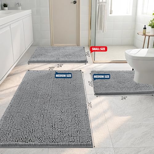 Smiry Luxury Chenille Bathroom Rugs 34x21, Extra Soft and Absorbent Shaggy Bath Mat, Machine Washable, Non-Slip Plush Carpet Runner for Tub, Shower, and Floor, Home Decor Accessories, Grey
