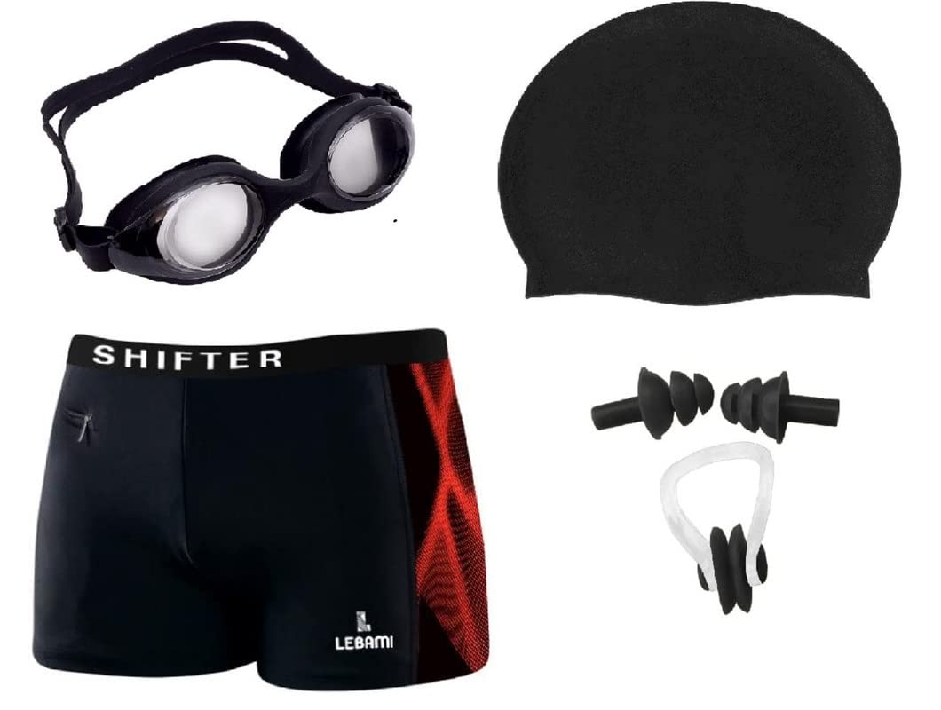 Boy Men's Swimming Kit with 1 Swimming Shorts | Costume | Trunk Swimming 1 Anti Fog Swimming Goggles 1 Silicone Swimming Cap 1 Nose Clip 2 Ear Plugs