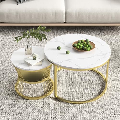 BRILVERDE Couchtisch 2er Set Rund,Wohnzimmertisch mit Stauraum,Beistelltisch,Marmoroptik,Metallrahmen,für Wohnzimmer Schlafzimmer (Gold-5) – Bild 5