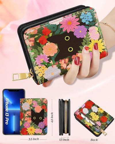 Image of Bistup Leather 12 Slot Accordion Card Holder Wallet, Cat Flower | Accordion Storage, Zipper Around Closure, Compact Patterned Wallet for IDs, Cards, Cash, Daily Carry and Gifts