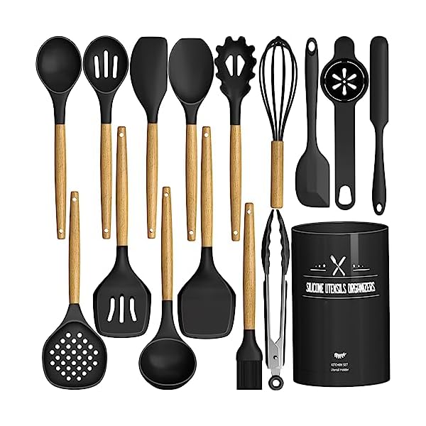 Kitchen Utensils Set, AIKKIL16 Pcs Cooking Utensils Set with Holder, Heat Resistance, Black Wooden Handle Silicone Kitchen Gadgets Utensil Set for Nonstick Cookware