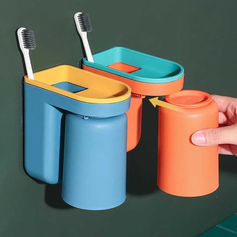 Lot De 2 Porte-Brosses à Dents Muraux Magnétiques Avec Gobelets – Bleu & Rouge – Sans Perçage, Salle De Bain Pratique