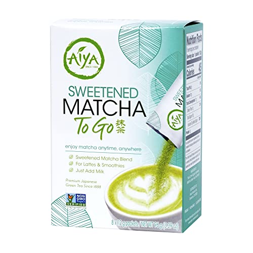 Aiya Japanese Sweetened Matcha Powder to Go Sticks – Ceremonial Grade, Vegan-Friendly, Gluten-Free – 8 Individually Packed Single-Serving Sticks for Freshness and Convenience