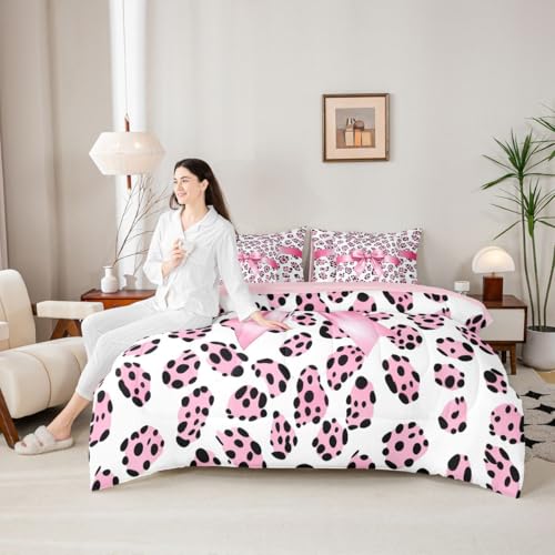 Image of Castle Fairy Pink Bow Knot Bedding Sets with Sheets,Comforter,Pillowcases,Pillow Covers 7 Pcs King Size Bowknot Ribbon Girly Romantic Comforter Set Pink Black Leopard Print Decor Bedroom Dorm Bed Set