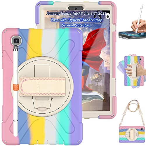Weuiean Case For Samsung Galaxy Tab A7 Lite 8.7” 2021 With Stylus, Shock Proof Case With Screen Protector 360 Degrees Rotate Hand Strap&Stand, Galaxy Tab A7 Lite Sm-T220/T225/T227 Case - Colorful Pink #TOP28