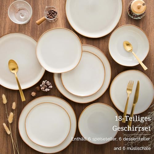 Onader Geschirrset 6 Personen, 18 Teiliges Tafelservice Steingut Set, Unregelmäßig Rund Müslischalen Dessertteller Speiseteller, Anti-Kratzer & Mikrowellenfest, Reaktives Perlweiß