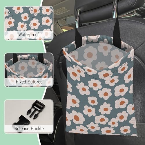 Image of Groovy Flowers Car Garbage Bag,Daisy Waterproof Small Car Trash Bag Hanging Back of Seat,Drawstring Hanging Car Trash Bag with Adjustable Buckle for Car Accessories