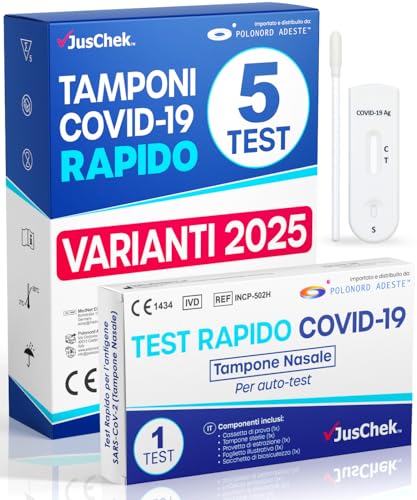 Adeste – 5 Tamponi COVID 19 rapido 2025 - Test Nasali Nuove Varianti 2025 - Sensibilità 100% a carica virale alta - Certificati per Uso Domestico - Risultato rapido