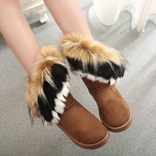 HINDOLA Warm Fur Boots for Women Winter Faux Fur Tassel Shoes Plush Snow Boots Ankle Booties Faux Suede Boots Anti Slip Outdoor Indoor Flat Shoes3