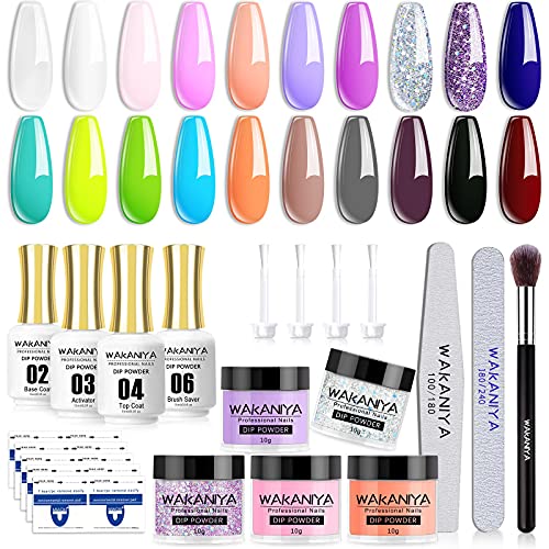 wakaniya Nail Dipping Powder Set, 20 Farben Clear Nude Dip Pulver Nagel Starter Kit mit Base Top Coat + Aktivator…