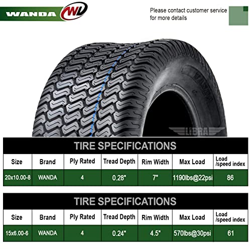 Set 4 Wanda Lawn Mower Turf Tires 15X6-6 Front & 20X10-8 Rear /4Pr -13016/13040 #TOP1