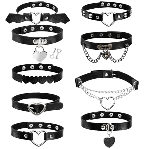 Foraineam 9 Pieces Adjustable Punk Goth Choker Heart Shaped Theme PU Leather Necklace Gothic Choker Set Black Collar Chain for Valentine's Day Party Cosplay Birthday