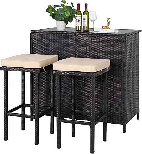 Solaura 3-Piece Outdoor Patio Bar Set Black Brown Wicker Bar Table Set Patio Furniture Set Outdoor Bar And Two Stools With Cushions For Backyards, Lawn, Garden, Deck, Or Poolside #TOP1