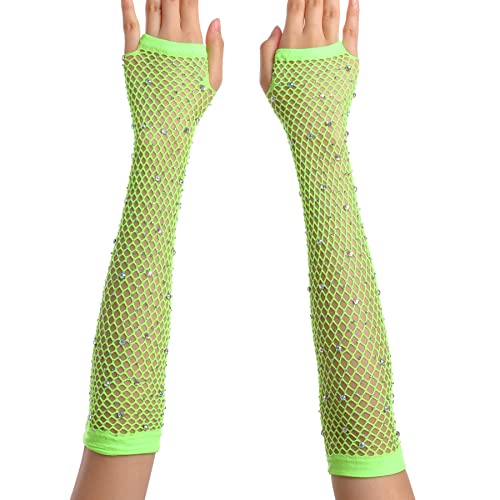 OTPEH Women Fishnet Rhinestone Gloves Fingerless Fish Net Arm Sleeve Warmers 80s Emo Scene Accessories Green