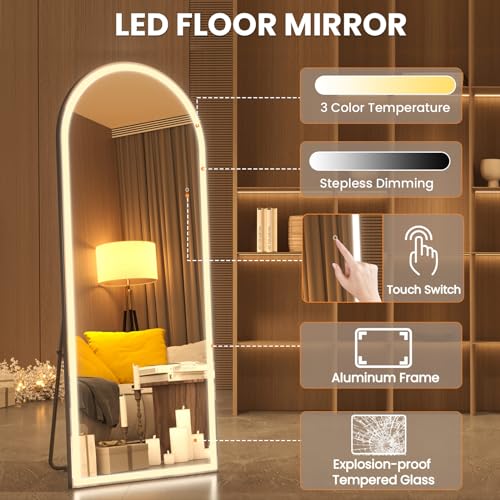 Image of Pertetey 81x34 Inch LED Arched Full Length Mirror with Lights, Black Frame Dimmable & 3 Color Modes LED Full Body Dressing Standing or Wall Mounted Long Mirror