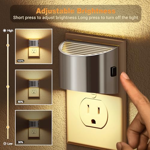 Image of JandCase LED Night Lights Plug into Wall, 2 Pack Modern Night Lights, Dusk to Dawn Sensor Nightlight, 0-100LM Brightness Adjustable, 3000K Soft White(Silver)