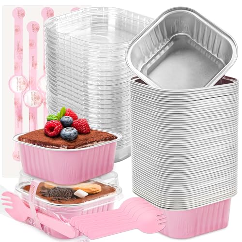 LOKQING 50 Pack Mini Cake Pans with Lids and Spoons Small Aluminum Foil Pans Square Baking Cups Disposable Ramekins Cupcake Liners for Brownie Pie(Pink, 5 oz) by LOKQING - Used condition - US$12.92