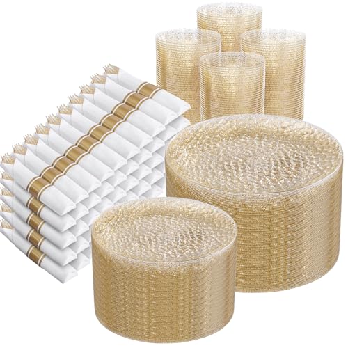 Rubtlamp 700Pcs Gold Glitter Plastic Dinnerware Set, Hammered Clear Plates, Fancy Plastic Plates Include 100 Dinner Platos, 100 Salad Platos, 100 Cups,100 Pack Pre Rolled Glitter plastic Silverware