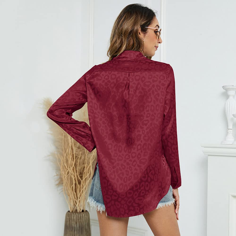 Top Femme,Desserrez Les Manches Longues Col Rabattu Cardigan Dames Blouses Imprimé Claret Femmes Tuniques Printemps Été Décontracté Bureau d'affaires Hauts pour Femmes