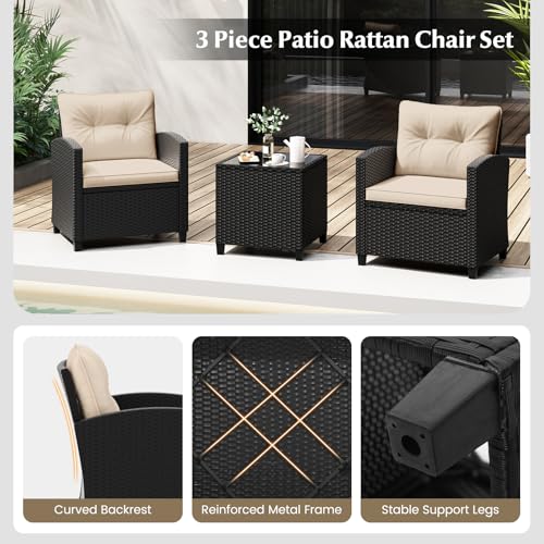 Image of Tangkula 3 Piece Patio Furniture Set, Rattan Conversation Set w /Soft Seat & Back Cushions, Tempered Glass Topped Coffee Table, Cushioned Wicker Seating Set for Backyard, Porch, Poolside (Beige)