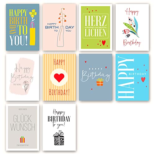 Meridian Design Geburtstagskarten, Happy Birthday Klappkarten im 10er Set mit Briefumschlag, Grusskarte zum Geburtstag, 10 Glückwunschkarten in Premium Qualität, kreative Geschenkkarten Cover