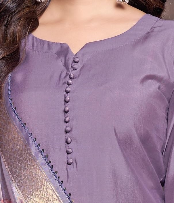 Image of Women's Cotton 3 /4 Sleeves Purple Straight Kurti with Matching Pant & Printed Dupatta Set