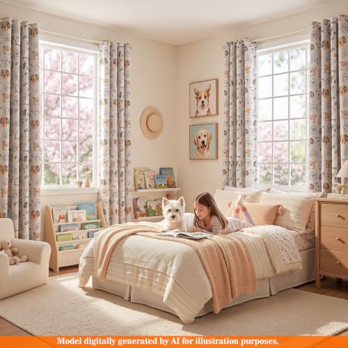 Image of MYSKY HOME Kids Blackout Curtains 95% Light Blocking Grommet Drapes 84 Inch Length 2 Panels Set with Cartoon Dog Patterns for Girls Boys Nursery Bedroom Playoom, Each Panel 52 inch W, Grey