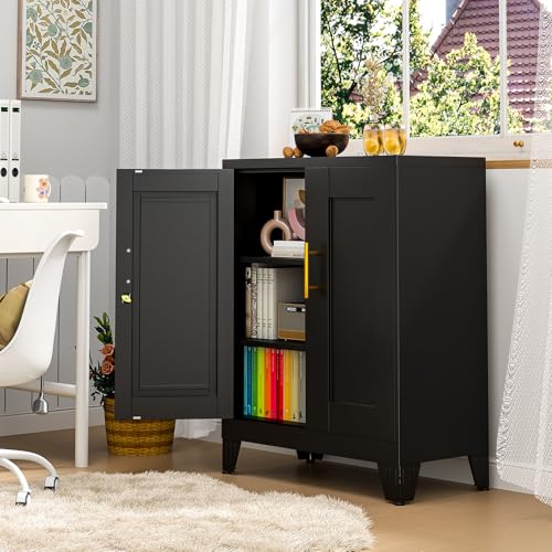 Image of pozdeg Metal Storage Cabinet with 2 Doors, 35.8 inch H Steel Metal Locker Storage Cabinet with 2 Adjustable Shelves, Versatile Storage Buffet Sideboards for Home Office Garage or Gym (Black)