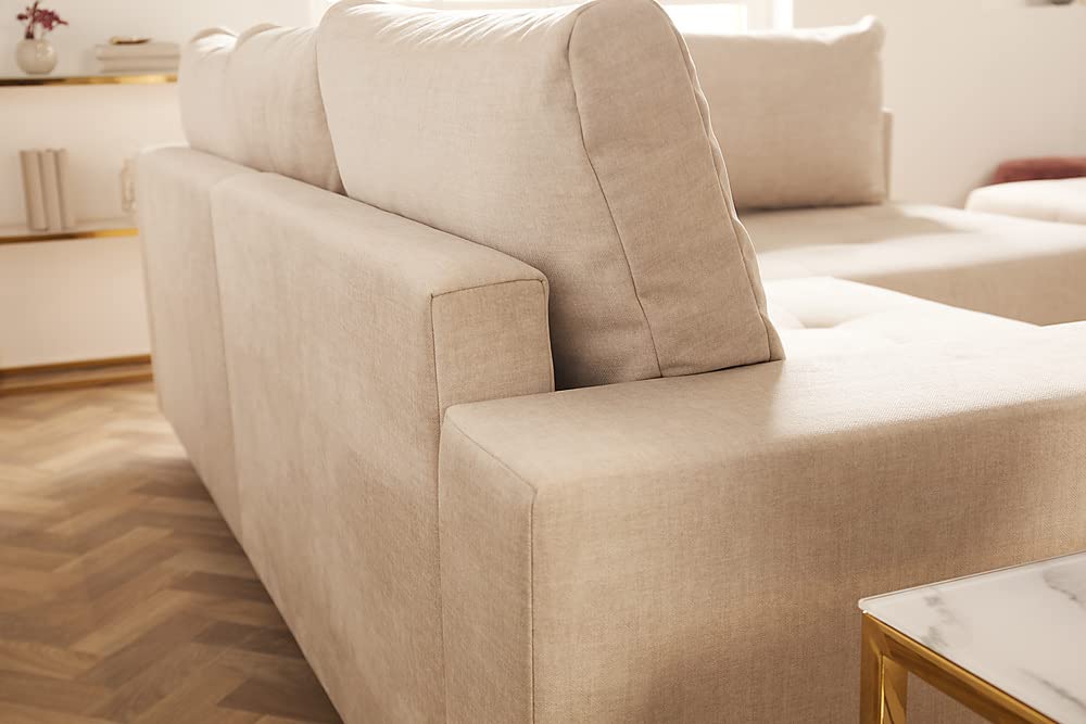 riess-ambiente.de Elegante Wohnlandschaft Kent 220cm Champagner beige Samt Ecksofa Federkern inkl. Hocker und Kissen
