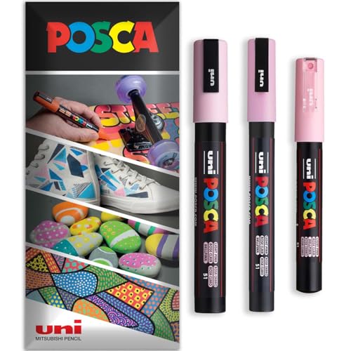 Posca - Rotulador permanente a base de agua, multiuso en superficies, PC-1M, PC-3M, PC-5M, paquete de 3 bolígrafos en cartera (rosa claro)