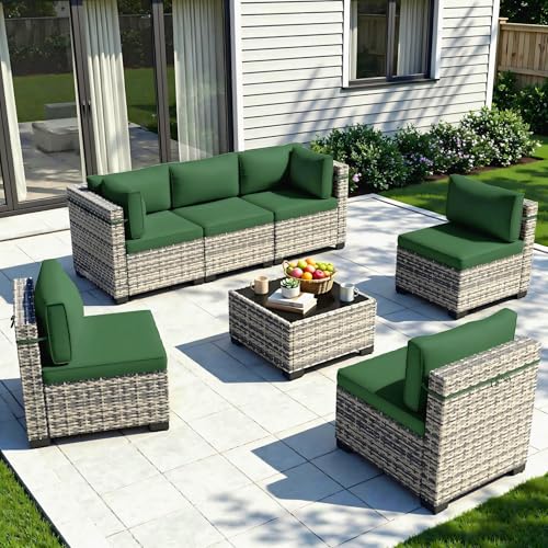 Image of Outdoor PE Wicker Rattan Modular Patio Sectional Sofa Set | 7-Piece: 6 Modular Seats & Coffee Table with Thick Cushions, Dark Green