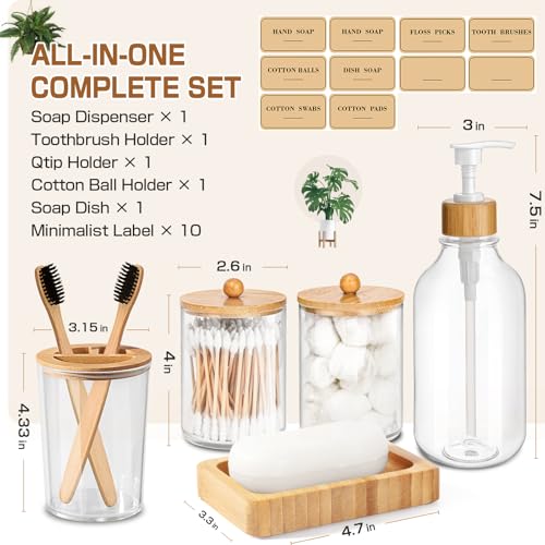 Juego de accesorios de baño de bambú con dispensador de jabón transparente de 5 piezas 3