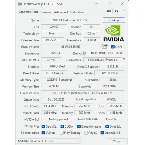 GPU de computadora GTX 1050 con DirectX 12 y triple salida de vídeo digital 7