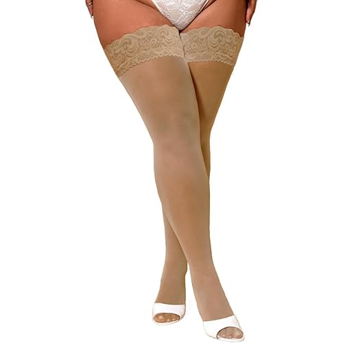 CHIDRA Women's Plus Size Silicone Lace Top Thigh High Stockings Stay Up Silky Semi Sheer Pantyhose for 130-220 lbs