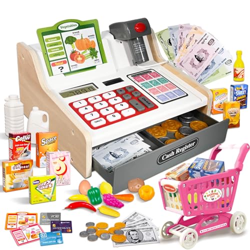HILKKET Bois Caisse Enregistreuse Enfants avec Scanner, Son, Vraie Calculatrice, Caisse Enregistreuse Jouet Set...