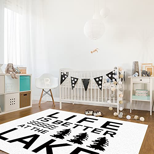 Simple Words Art Life Is Better At The Lake Area Rug For Bed Room, 3' X 5' Indoor Accent Rugs Non-Skid Kitchen Runner, Summer Black White Bathroom Rugs Modern Floor Mats Washable Throw Carpet #TOP5
