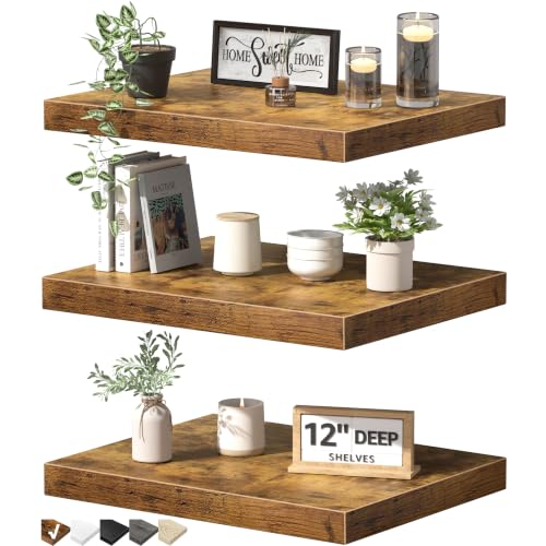 Image of QEEIG 12 inch Deep Floating Shelves for Wall - 12 x 16 inch Book Shelf Bathroom Bedroom Kitchen Living Room Hanging Bookshelf Farmhouse Set of 3, Brown (026-40BN3)