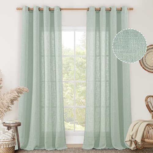 Image of LAMIT Light Sage Linen Curtains 84 inch Length 2 Panels Set, Linen Textured Light Filtering Drapes Bronze Grommet Boho Burlap Panels for Bedroom /Living Room, 52 x 84 Inch