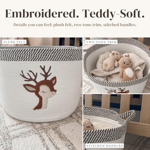 Image of Deer Baby Storage Basket, Woven Cotton Rope Nursery Bin, 15x11 in | Stuffed Animal and Blanket Storage, Soft Felt Deer Patch, Woodland Nursery Decor, Kids Playroom Organizer
