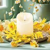 Daifunli 2 Pcs Spring Forsythia Candle Rings Artificial Forsythia Farmhouse Wreaths for Pillar 3.9 Inch Candles Holder for Spring Summer Rustic Table Centerpiece Decor