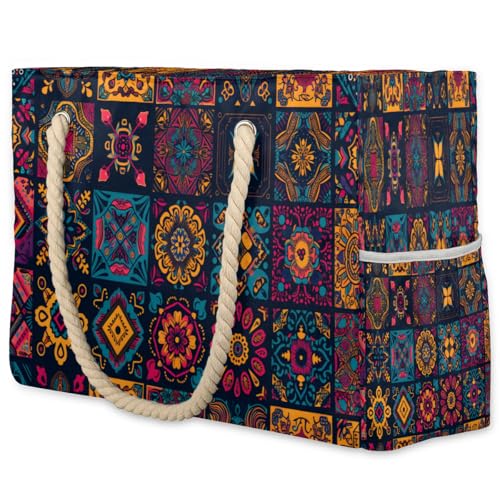 Vintage Mexican Talavera Floral Beach Bag for Women Ladies Large Beach Pool Tote Bag Sandproof Beach Tote with Zipper Gym Tote Carry On Bag Reusable Grocery Shopping Bag for Weekender Travel Daily - Main Image