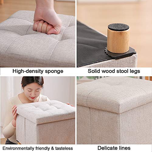 Pouf cube en bois massif et éponge haute élasticité lin gris - 6