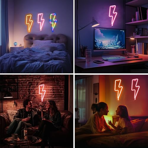 Image of 1 Pack Lightning Neon Sign Wall Decor,USB&Battery Powered LED Bolt Game Neon Light for Teen Girl Kid's Bedroom, Bar, Aesthetic,Christmas,Gaming Room, Party, Home, Wedding Party-Red