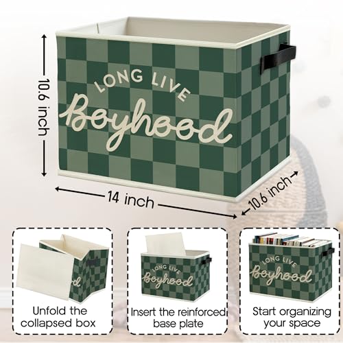 Image of Long Live Boyhood Boys Storage Bins Box with Handles, Green Checkered Pattern Collapsible Basket Organizer for Kids Teen Boy Nursery Room Bedroom Bathroom Playroom Books Clothes