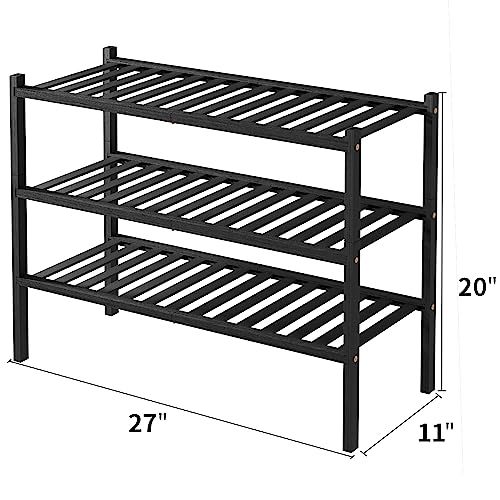3 Tier Bamboo Shoe Rack for Closet Free Standing Wood Shoe Shelf Storage Organizer for Entryway Small Space Stackable 27"x11"x20" (Black)