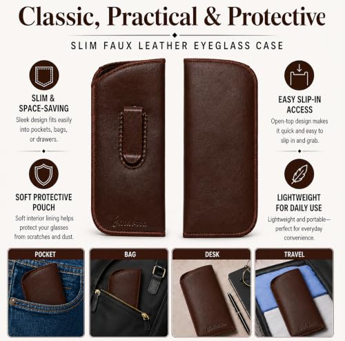Image of Calabria Slim Faux Leather Eyeglass Case Soft Slip-In Design [Brown - 12 Pack] | Compact Protective Pouch | Soft Case for Glasses | Lightweight Sunglass Storage
