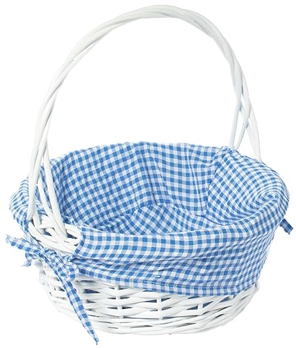 White Round Willow Gift Basket, with Blue and White Gingham Liner and Handles, Small