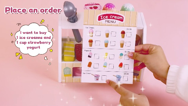 Giocattoli per gelato in legno per bambini, negozio di giochi Finta cibo Accessori da cucina con paletta, menu e contanti giocattolo, regalo di Natale  26