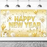 HOWAF Decoracion Fiesta Cotillon Fin De Año 2026, Oro Blanco Feliz Año Nuevo Póster de Tela Cartel Grande para Año Nuevo Fondo de Photocall Happy New Year Pancarta de Fondo para Cotillon Nochevieja