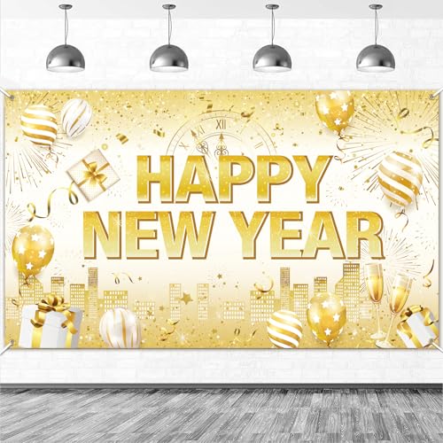 HOWAF Decorazioni Capodanno 2026, Grande Buon Anno Nuovo Striscione Addobbi Capodanno 2026 Poster di Tessuto Striscione Sfondo Fotografico Bandiera Happy New Year 2026, 185x110 cm, Oro Bianco